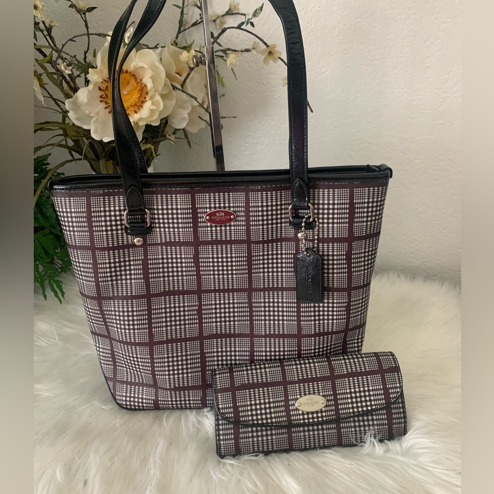 Coach Plaid Tote and Wallet Set